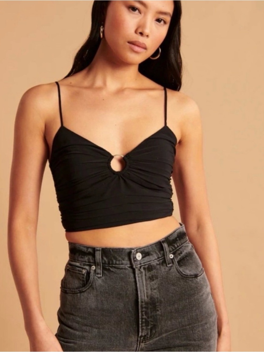 Abercrombie black ruched o-ring crop top, medium